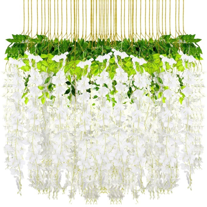 108 PACK 432 IN 36 FT ARTIFICIAL FAKE WISTERIA HANGING FLOWERS WISTERIA FAUX FLOWERS GARLAND SILK VINE RATTAN LONG HANGING FLOWERS STRING FOR HOME OUTDOOR WEDDING PARTYMILKY