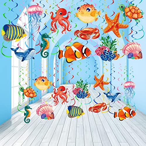 Clabby 30 Pcs Tropical Fish Hanging Swirls Under The Sea Party Decorations Ceiling Decor Ocean Themed Mermaid Creatures Beach Party Supplies Under The Sea Decor(Mixed Style) - Image 1