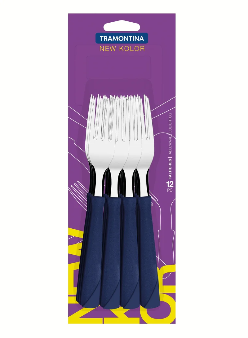 ترامونتينا Tramontina New Kolor 12 Pieces Stainless Steel Table Forks Set with Blue Polypropylene Handles