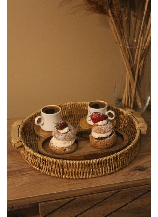 30 x 30 Wicker Rattan Presentation Tray Medium Organizer Bamboo Handle Round Khaki Rattan 1 Piece