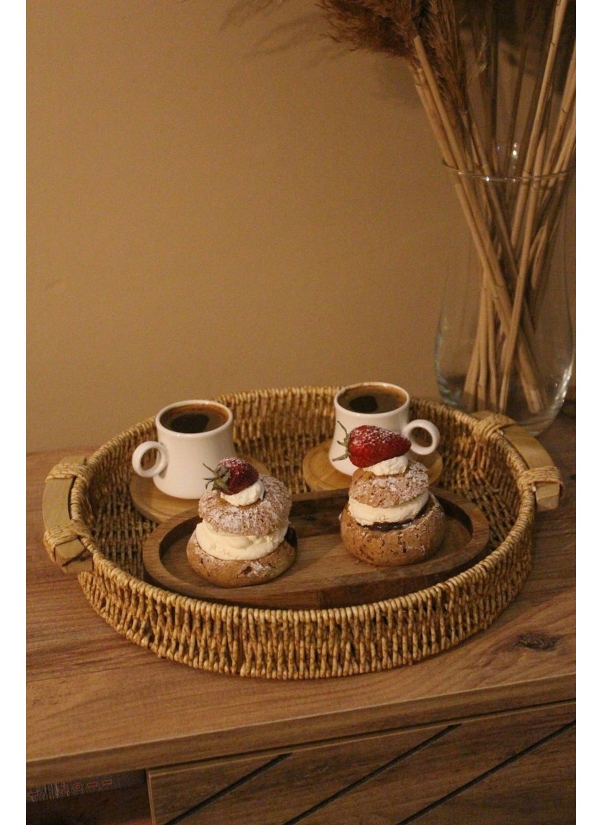Paganca - 30 x 30 Wicker Rattan Presentation Tray Medium Organizer Bamboo Handle Round Khaki Rattan 1 Piece - Image 1