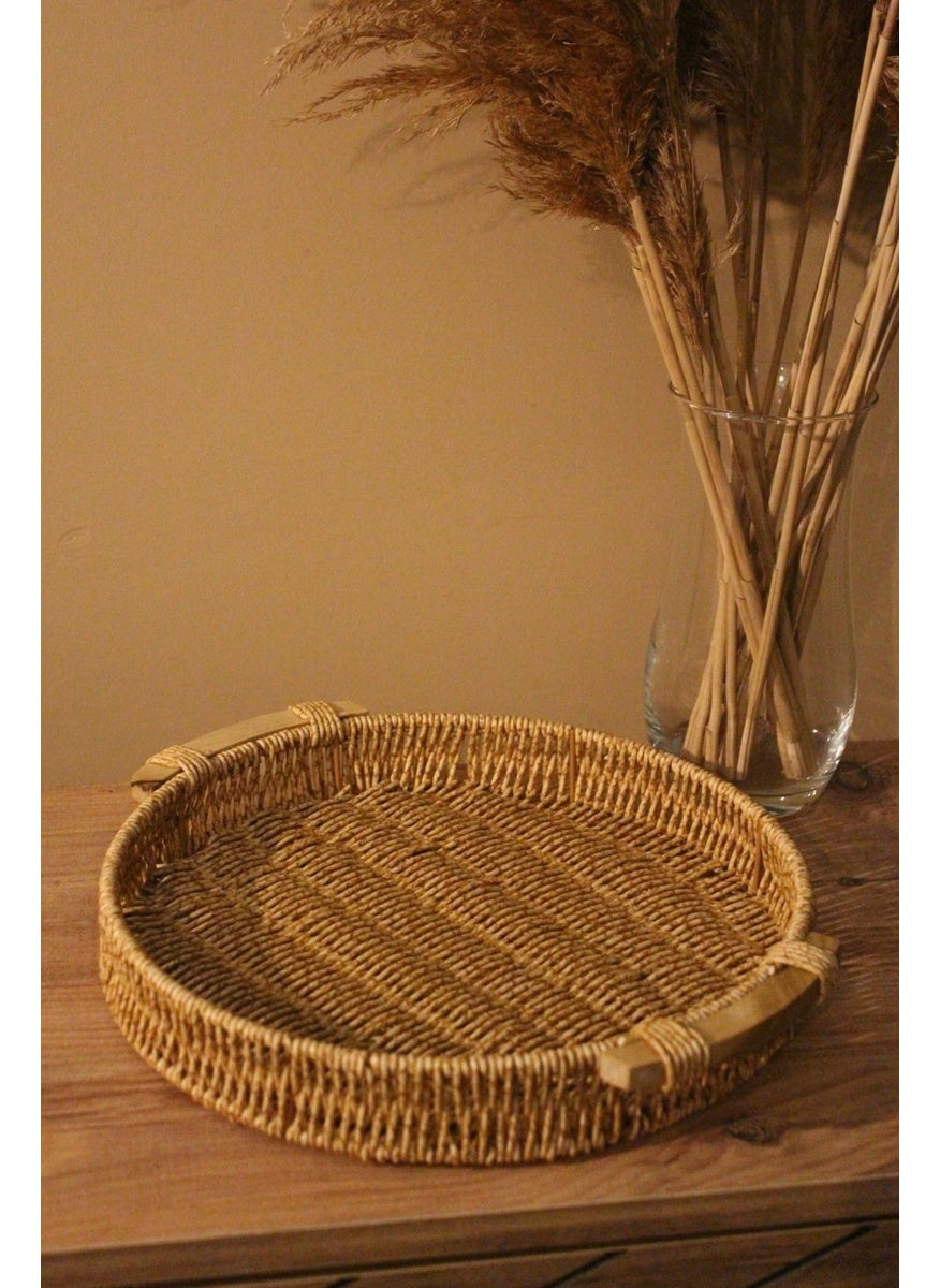 Paganca - 30 x 30 Wicker Rattan Presentation Tray Medium Organizer Bamboo Handle Round Khaki Rattan 1 Piece - Image 1
