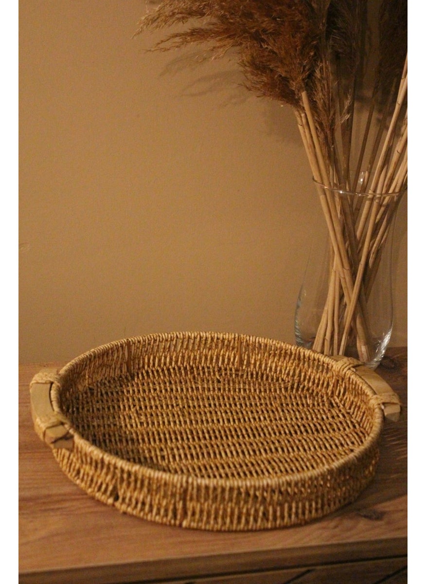 Paganca - 30 x 30 Wicker Rattan Presentation Tray Medium Organizer Bamboo Handle Round Khaki Rattan 1 Piece - Image 1