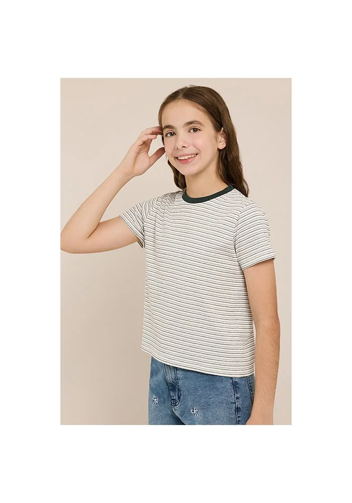 أر أند بي Striped T-Shirt with Crew Neck and Short Sleeves