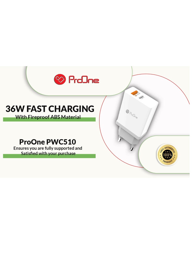 ProOne ProOne 36W USB Plug, PowerPort Mini Dual Port (USB and Type-C) Charger, Super Compact travel, Wall Charger for iPhone Xs/XS Max/XR/X/8/7/6/Plus, iPad Pro/Air 2/Mini 4, Samsung, and More  - Image 5