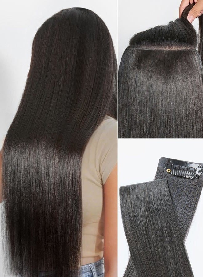 LUVME Invisible Clip in Hair Extensions, Yaki Straight Real Human Hair 16 Inch 2 Pack 220g 12pcs Clip ins Hair Extensions Natural Black for Women - Image 1