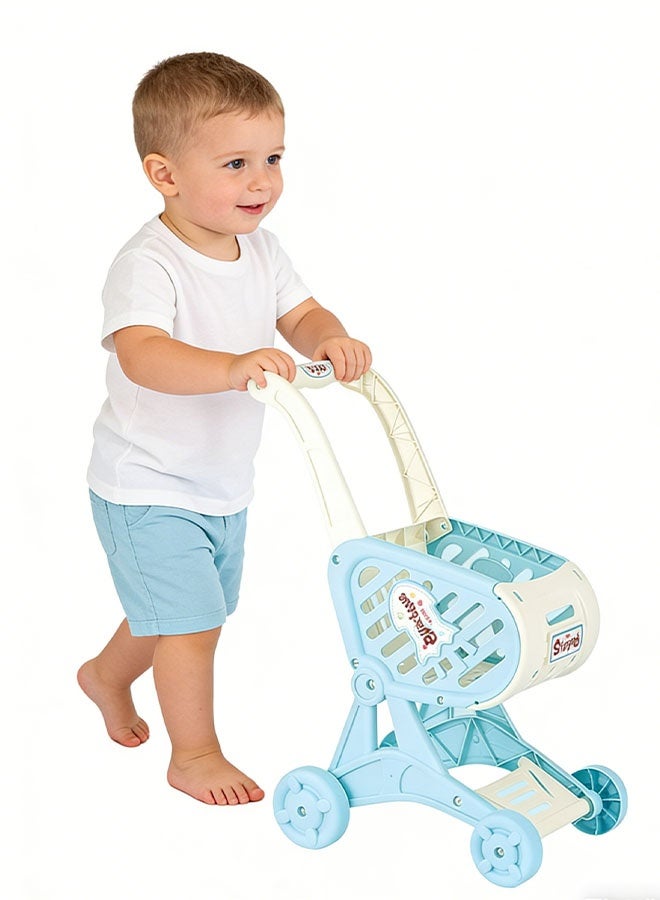 جيرينك لعبة عربة التسوق، مجموعة لعب دور عربة المطبخ، لعبة عربة التسوق مع عجلات دوارة حرة، عربة تسوق صغيرة للأطفال، سهلة التجميع آمنة للأطفال ومتينة، مثالية لألعاب لعب الأدوار للأعمار من 2 سنة فما فوق، عربة سوبر ماركت صغيرة رائعة للمبتدئين في المشي، أزرق - Image 3