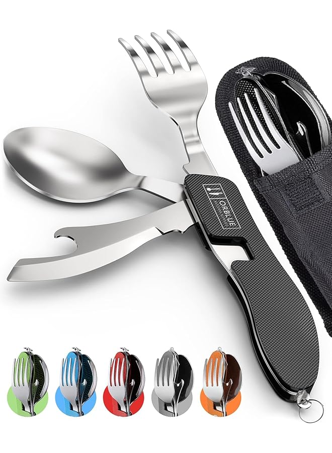 Orblue Folding Camping Utensils Cutlery Set, 2Pcs 4-In-1 Stainless Steel Spoon Fork Knife Bottle Opener Set Detachable Tableware Pocket Kits Backpacking Cutlery Multitool, For Camping, Travel - Image 1