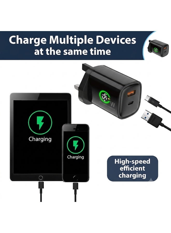 بست وان شاحن سريع بقوة 45 واط بتقنية GaN ومنفذ USB-C مع شاشة LED ذكية، شاحن حائط ثنائي المنافذ USB-C PD وUSB-A، محول طاقة بمقبس بريطاني مع كابل من النوع C بطول 1 متر، متوافق مع سامسونج جالاكسي، آيفون، جوجل بيكسل، آيباد، ماك بوك إير، وغيرها. - Image 4