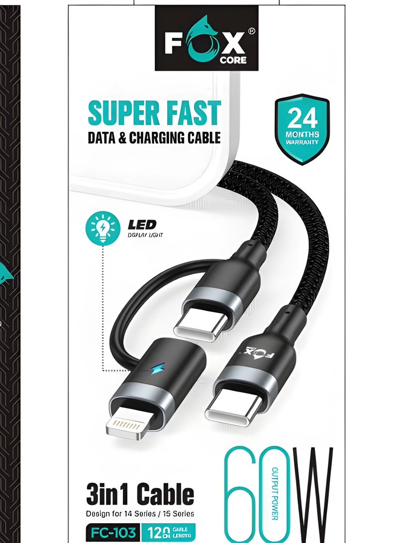 Fox 1.2m Multi Charging Cable, 3 in 1 Nylon Braided Charging Cable, Multi Charging Cable, Fast Charging Cord with IP Type-C Connectors Compatible with Most Phones and Tablets by Foxcore - Image 2