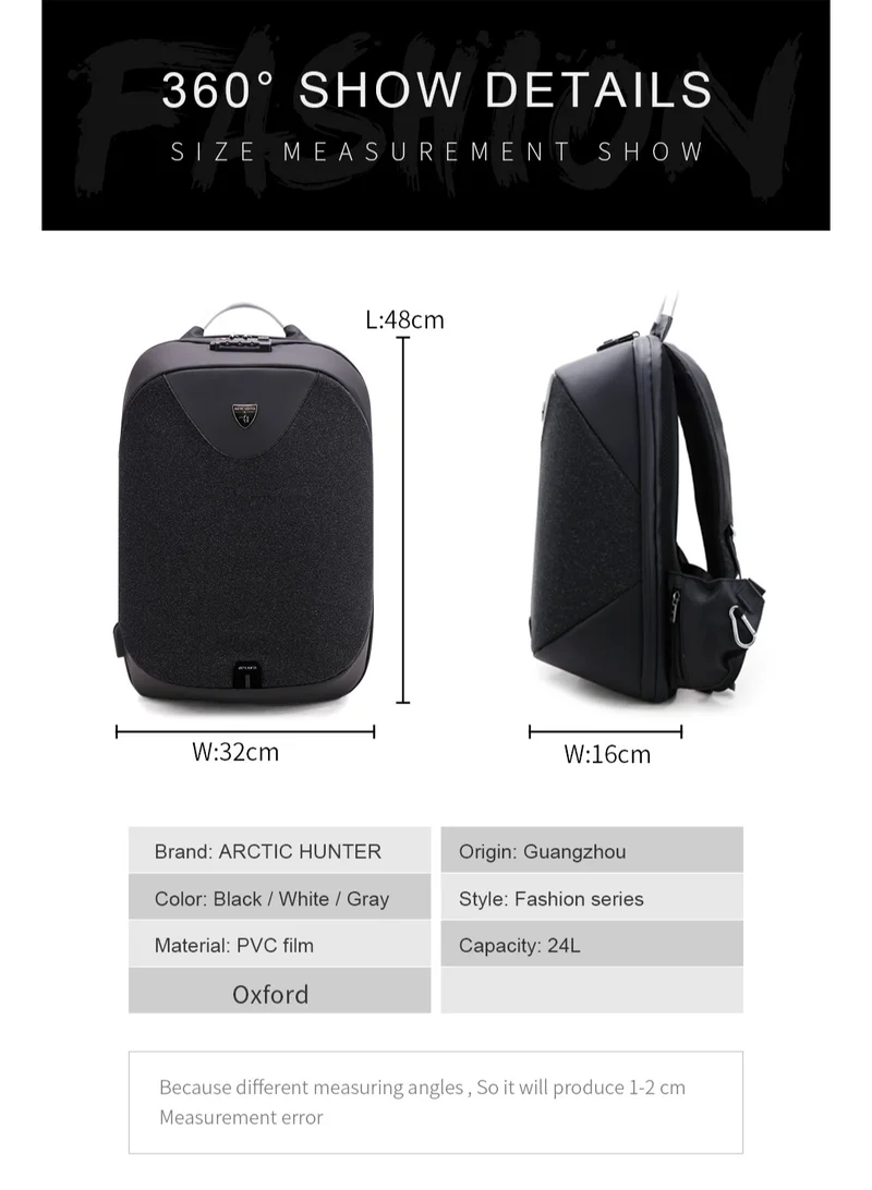 أركتيك هانتر Semi Hard Durable Polyester Travel Backpack – 23L Backpack with Built in USB Port and TSA Lock B00208 Black