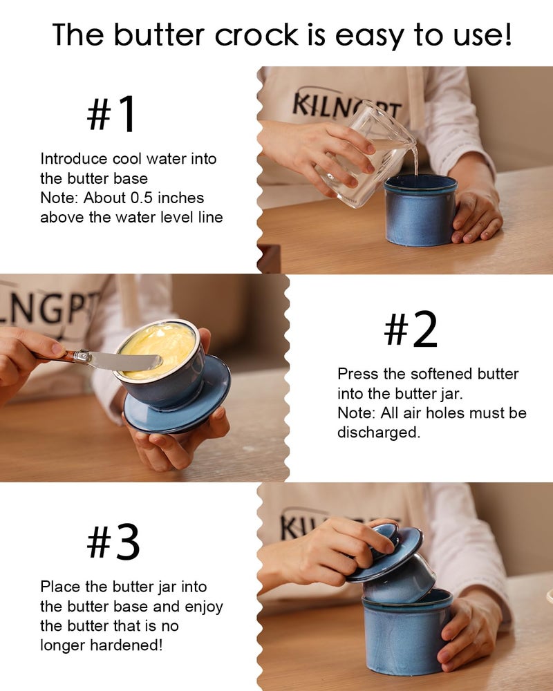 Jersinwei French Butter Dish, Butter Crock for Counter with Water Line, Ceramic Butter Keeper for Spreadable Butter - Chrismas Gift Home Kitchen Decor - Reactive Glaze Collection - Blue - Image 4
