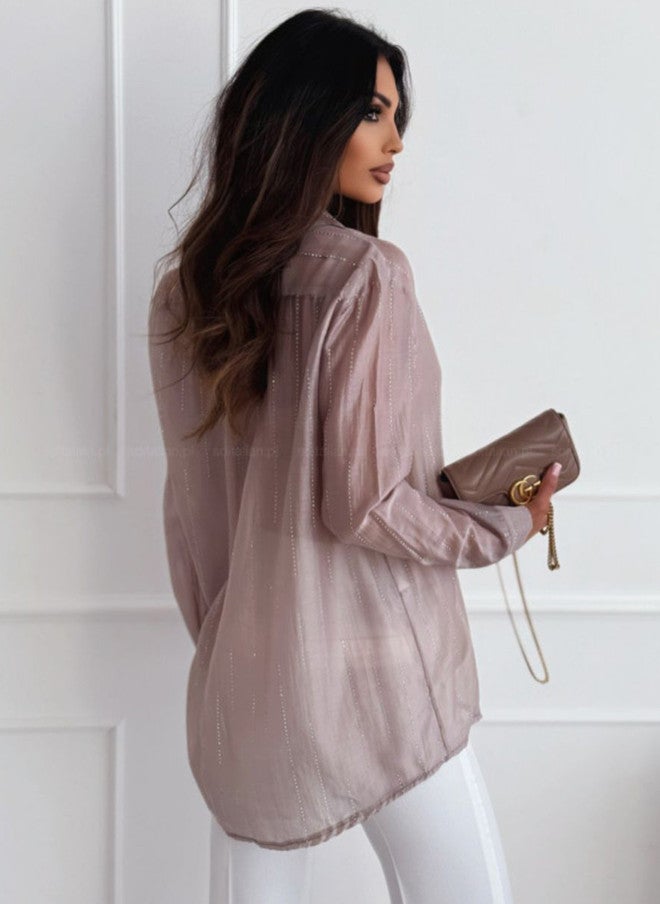 YUNIQEE Mauve Sheer Collared Button Up Shirt for Women - Image 4