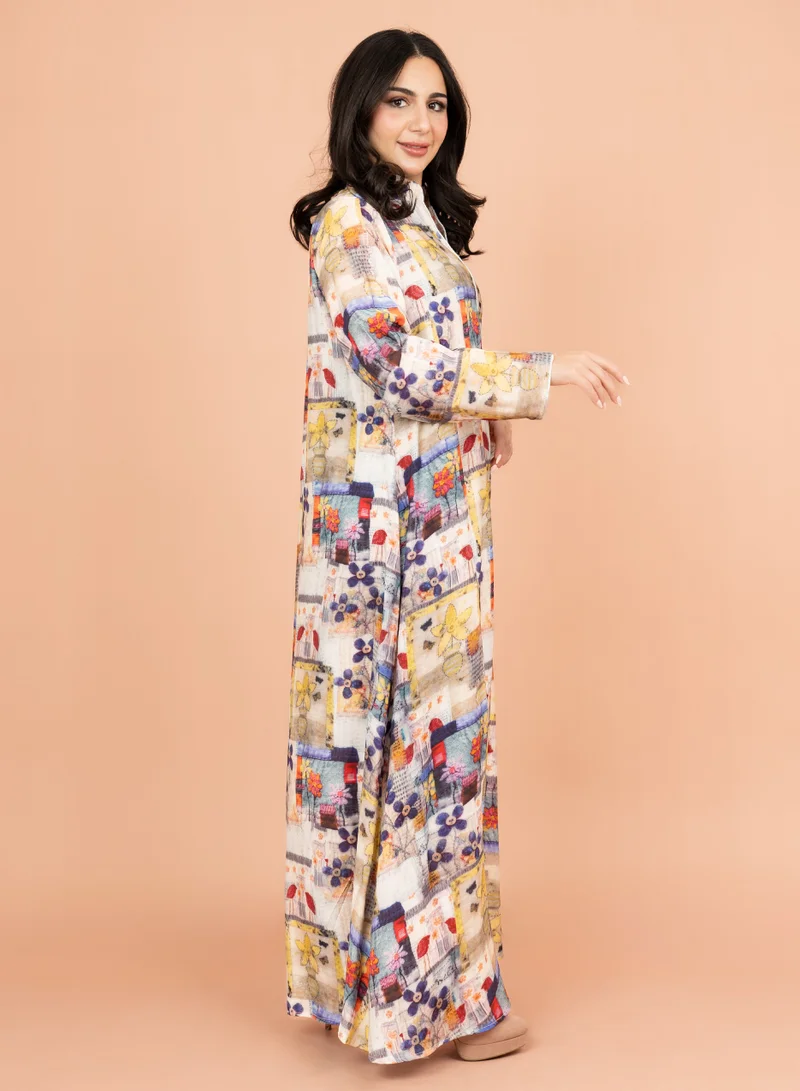 IKKXA Multicolor Patterns Modern Jalabiya IK1021 Beige