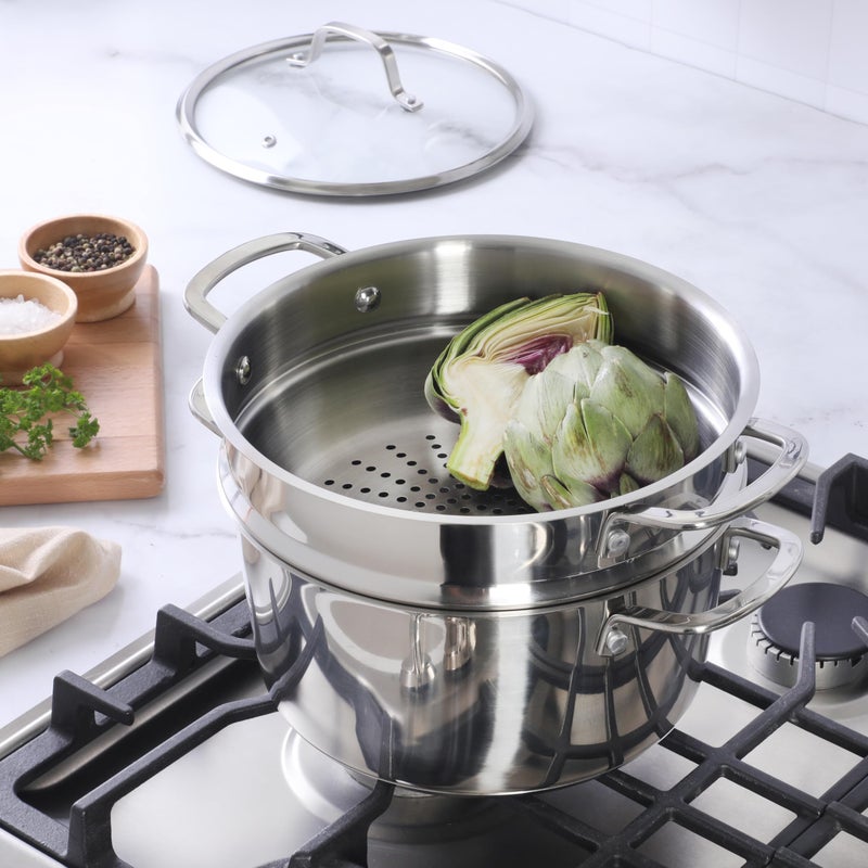 Sur La Table Kitchen Essentials Chef's Deck 3-Piece 5.3-Quart Stainless Steel Dutch Oven with Steamer Insert & Glass Lid â€“ Induction Ready, Tri-Ply Base, Polished Finish & Hollow Stay-Cool Handles - Image 5