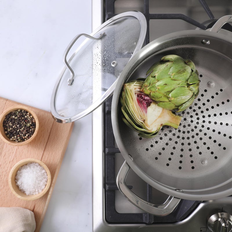 Sur La Table Kitchen Essentials Chef's Deck 3-Piece 5.3-Quart Stainless Steel Dutch Oven with Steamer Insert & Glass Lid â€“ Induction Ready, Tri-Ply Base, Polished Finish & Hollow Stay-Cool Handles - Image 4