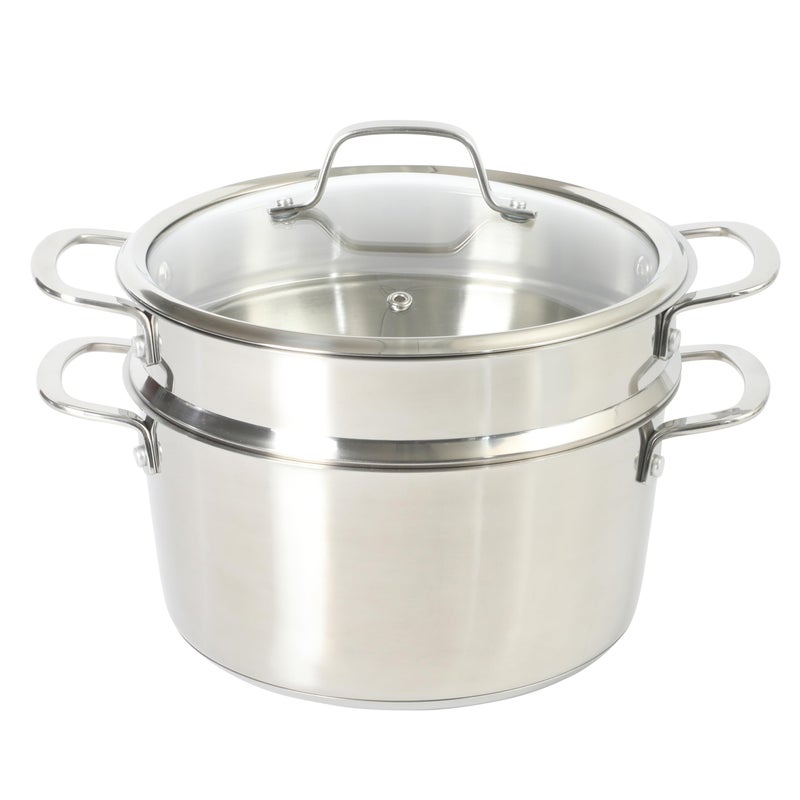 Sur La Table Kitchen Essentials Chef's Deck 3-Piece 5.3-Quart Stainless Steel Dutch Oven with Steamer Insert & Glass Lid â€“ Induction Ready, Tri-Ply Base, Polished Finish & Hollow Stay-Cool Handles - Image 1