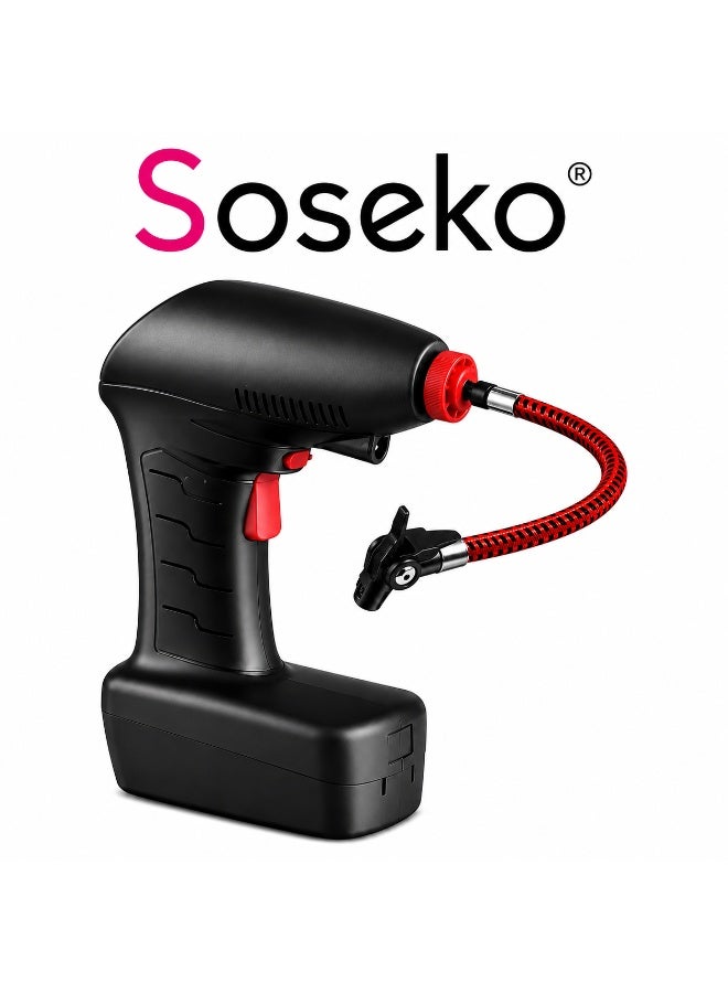 Soseko Portable Cordless Air Compressor with LED Light, Pressure Gauge, Fast Inflation for Cars, Bikes & Balls, Black - Image 1