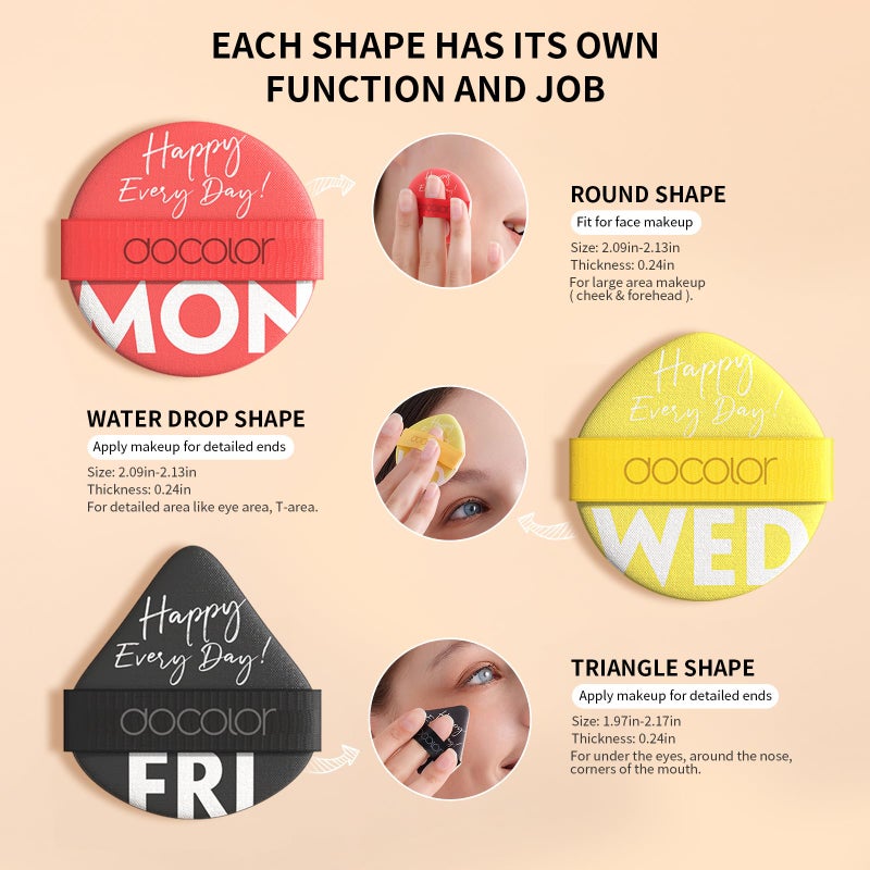 docolor Dooclor Powder Puffs for Face - 3 Shapes for Loose or Mineral Powder, Liquid Cosmetic Foundation - Makeup Sponge Beauty Tools, Week Color Set 7 Pack - Image 4