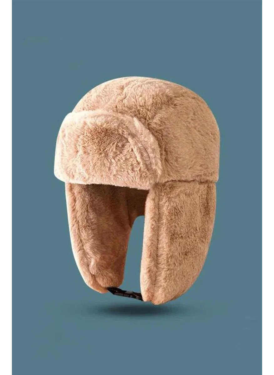 Bahels Camel Plush Ear Clip-on Beret Pilot Hat