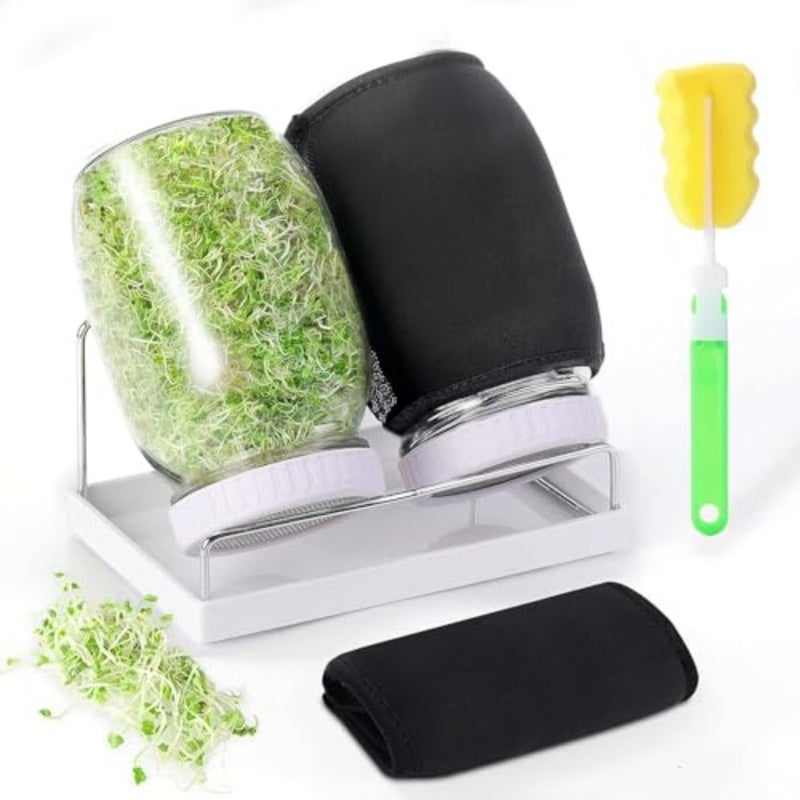 Sprouting Jar Kit for Growing Broccoli, Alfalfa, Mung Bea, Premium Stainless Steel Screen Sprout Lids, 2 Wide Mouth Mason Jars, Blackout Sleeves, Tray, Stand and Canning Brushbaihuo - Image 1