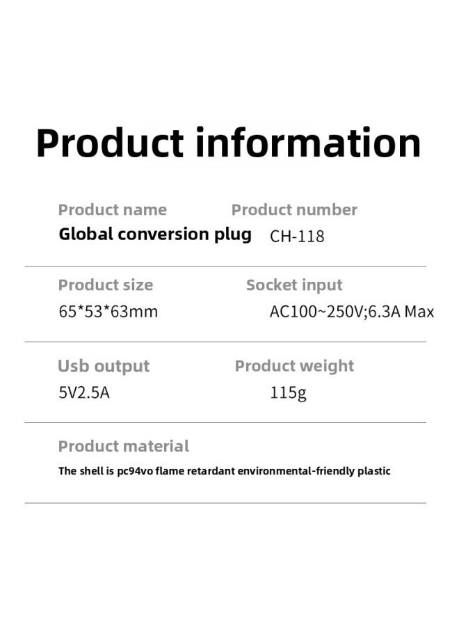 Generic Multifunctional Conversion Plug Usb Interface Portable Global Conversion Socket Flame Retardant Multi-port Universal-Color:CH-118  - Image 4