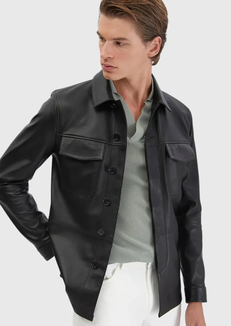 RAMSEY Black Regular Fit Shirt Collar Casual Sheep Leather Leather Coat