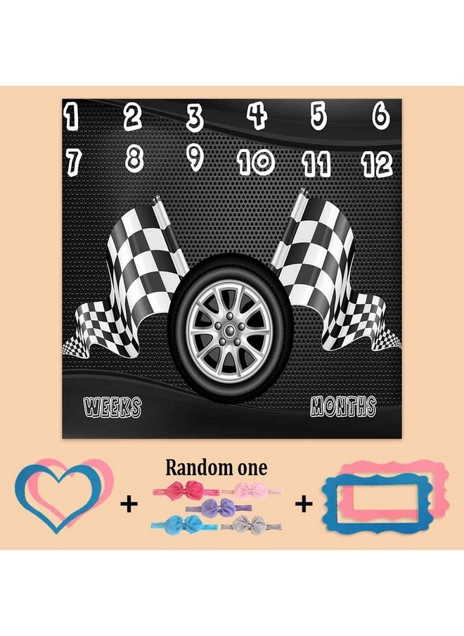 PHMOJEN Racing Baby Monthly Milestone Blanket Boy Racer Car Tires Black White Checkered Flag Newborns 1 To 12 Months Unisex Include 4 Frames And 1 Headband 47X47 Btqqph83  - Image 2