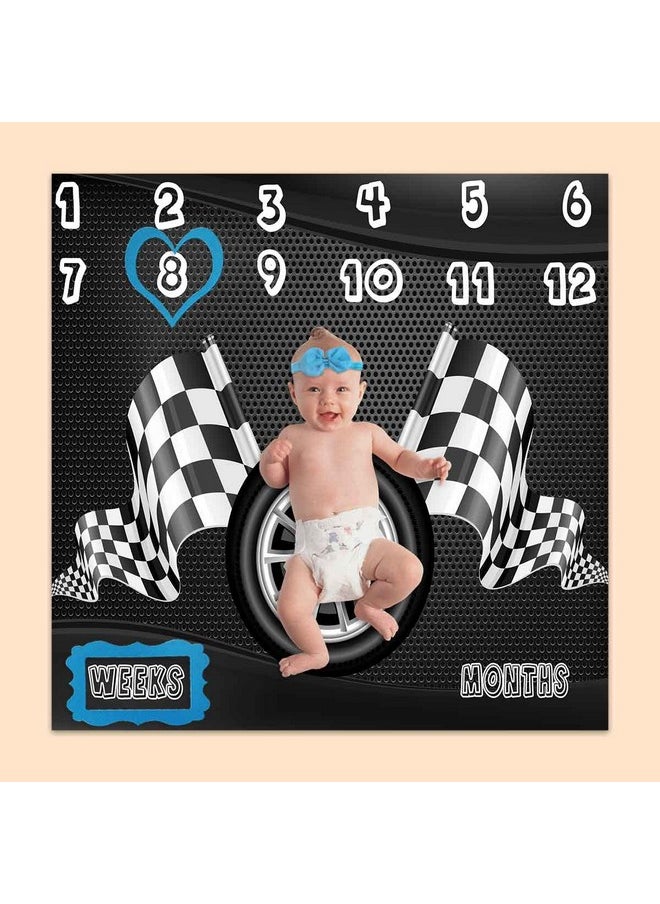 PHMOJEN Racing Baby Monthly Milestone Blanket Boy Racer Car Tires Black White Checkered Flag Newborns 1 To 12 Months Unisex Include 4 Frames And 1 Headband 47X47 Btqqph83  - Image 4