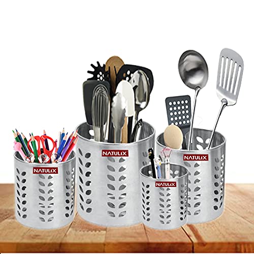 NATULIX Stainless Steel Multipurpose Spoon Stand for kitchen | Pen Stand | Cutlery Stand | Spoon Holder for Kitchen & Dining Table | Cutlery Set | Silver | Set of 4 | Size ( 7cm - 10cm) - Image 2
