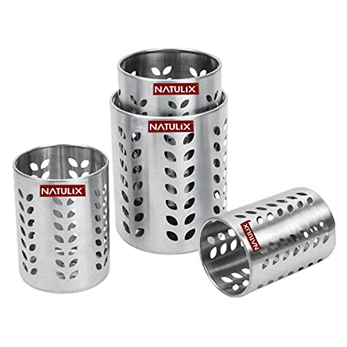 NATULIX Stainless Steel Multipurpose Spoon Stand for kitchen | Pen Stand | Cutlery Stand | Spoon Holder for Kitchen & Dining Table | Cutlery Set | Silver | Set of 4 | Size ( 7cm - 10cm) - Image 1