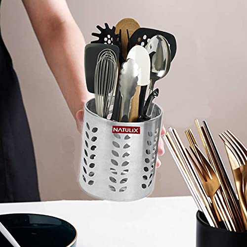 NATULIX Stainless Steel Multipurpose Spoon Stand for kitchen | Pen Stand | Cutlery Stand | Spoon Holder for Kitchen & Dining Table | Cutlery Set | Silver | Set of 4 | Size ( 7cm - 10cm) - Image 5
