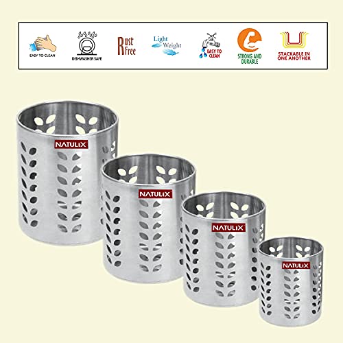 NATULIX Stainless Steel Multipurpose Spoon Stand for kitchen | Pen Stand | Cutlery Stand | Spoon Holder for Kitchen & Dining Table | Cutlery Set | Silver | Set of 4 | Size ( 7cm - 10cm) - Image 3