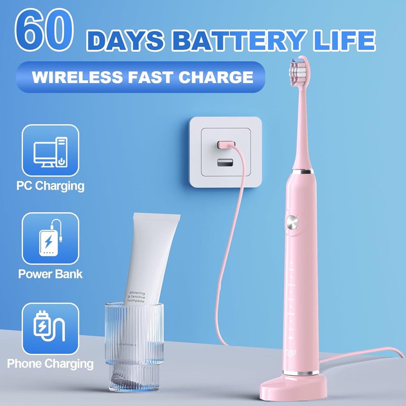 JTF Sonic Electric Toothbrush for Adults: 5 Modes with Smart Timer for Deep Cleaning & Whitening, 2 Brush Head Types for Sensitive Teeth, Gums & Braces, Travel-Friendly Case and Wireless Charging Base - Image 5