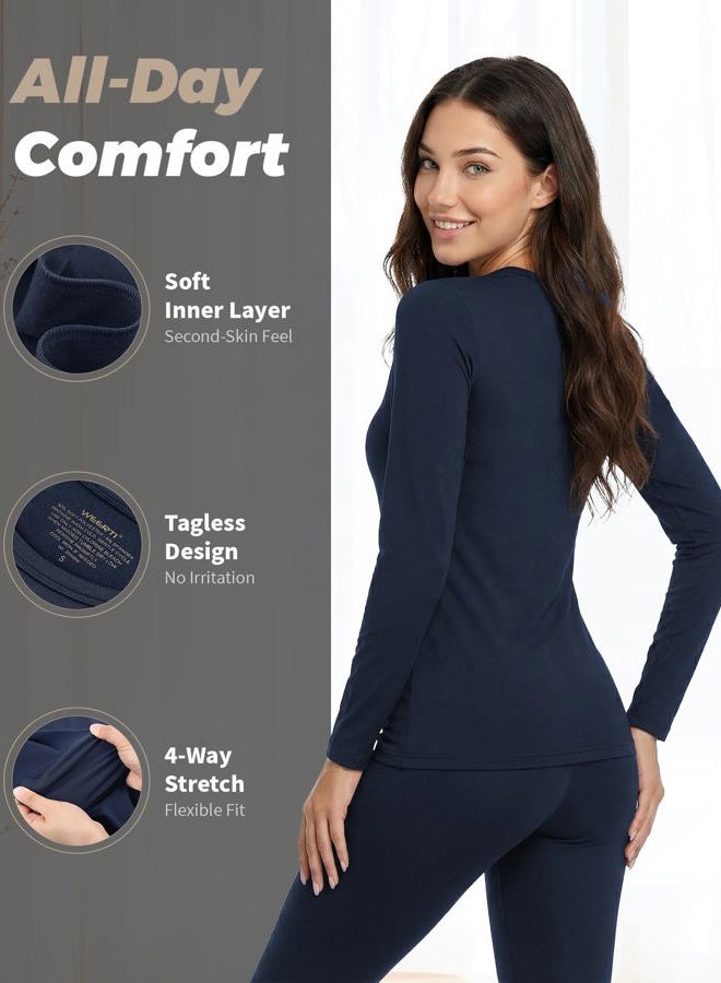 WEERTI Thermal Underwear for Women Long Johns with Fleece Lined Base Layer Women Cold Weather Top Bottom, Navy, XL - Image 2