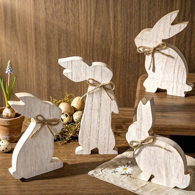 Treory Easter Decorations: 4 pcs Rustic Wooden Easter Bunny Table Signs, Farmhouse Freestanding Tiered Tray Decor for Home Gifts, White - Image 1