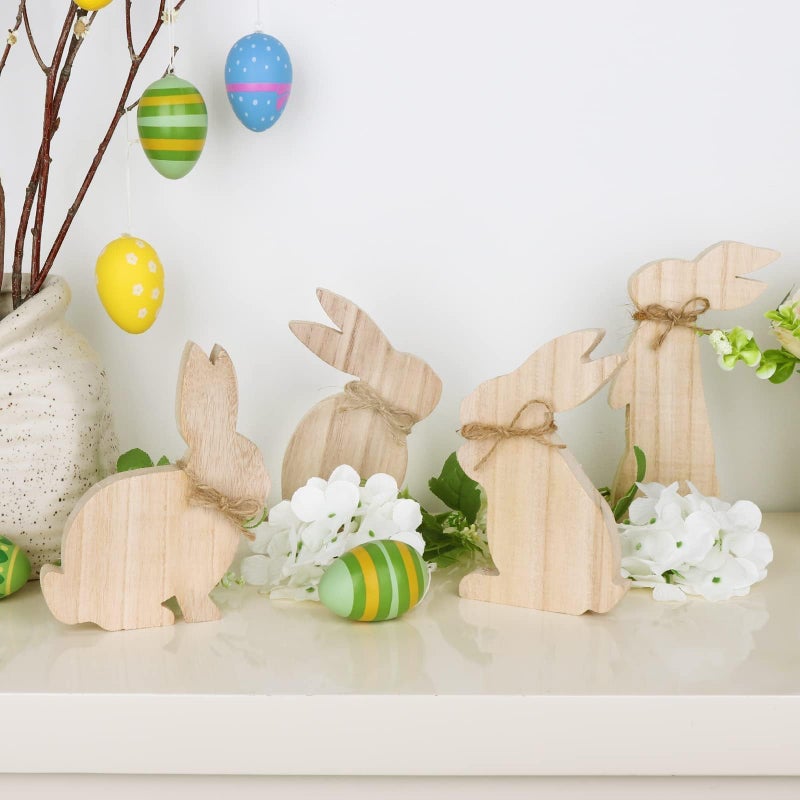 Treory Easter Decorations: 4 pcs Rustic Wooden Easter Bunny Table Signs, Farmhouse Freestanding Tiered Tray Decor for Home Gifts, White - Image 4