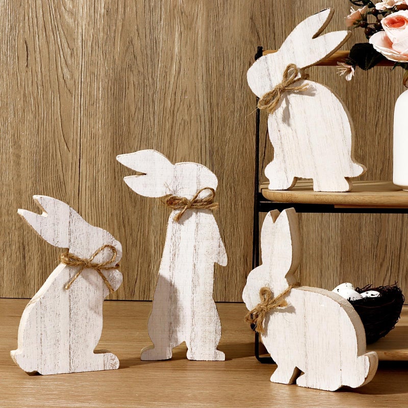 Treory Easter Decorations: 4 pcs Rustic Wooden Easter Bunny Table Signs, Farmhouse Freestanding Tiered Tray Decor for Home Gifts, White - Image 5