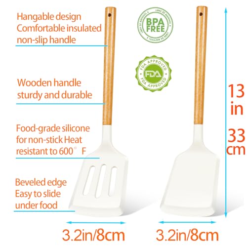 KLAQQED 2Pcs Silicone Spatula Set Turner Heat Resistant for Nonstick Cookware Rubber Wok Turner with Wood Handle, Plastic Spatula Silicone for Cooking Use Kitchen Utensils Set White - Image 3