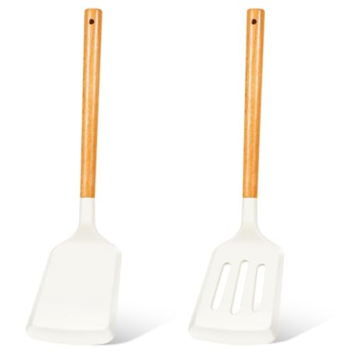 KLAQQED 2Pcs Silicone Spatula Set Turner Heat Resistant for Nonstick Cookware Rubber Wok Turner with Wood Handle, Plastic Spatula Silicone for Cooking Use Kitchen Utensils Set White - Image 1