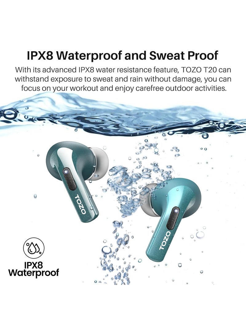 TOZO T20 Wireless Earbuds Bluetooth Headphones 48.5 Hrs Playtime with LED Digital Display, IPX8 Waterproof, Dual Mic Call Noise Cancelling 10mm Broad Range Speakers with Wireless Charging Case Green - Image 5