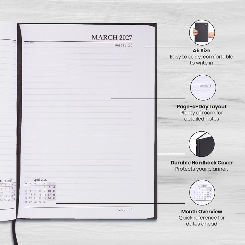 evelay 2025 A4 A5 Day to Page Diary Full Year Planner Desk Hardback Academic Organiser for Home Office School (A5 Page a Day, Black) - Image 4