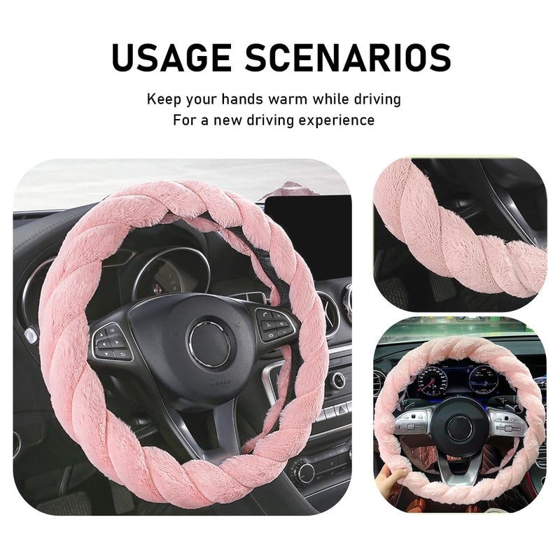 KVAEY Fluffy Car Steering Wheel Cover, 15 Inches Anti-Slip Round Fuzzy Winter Steering Wheel Protector, Soft Warm Plush Steering Wheel Cover for Women Girls, Car Accessories (Pink, Round) - Image 4
