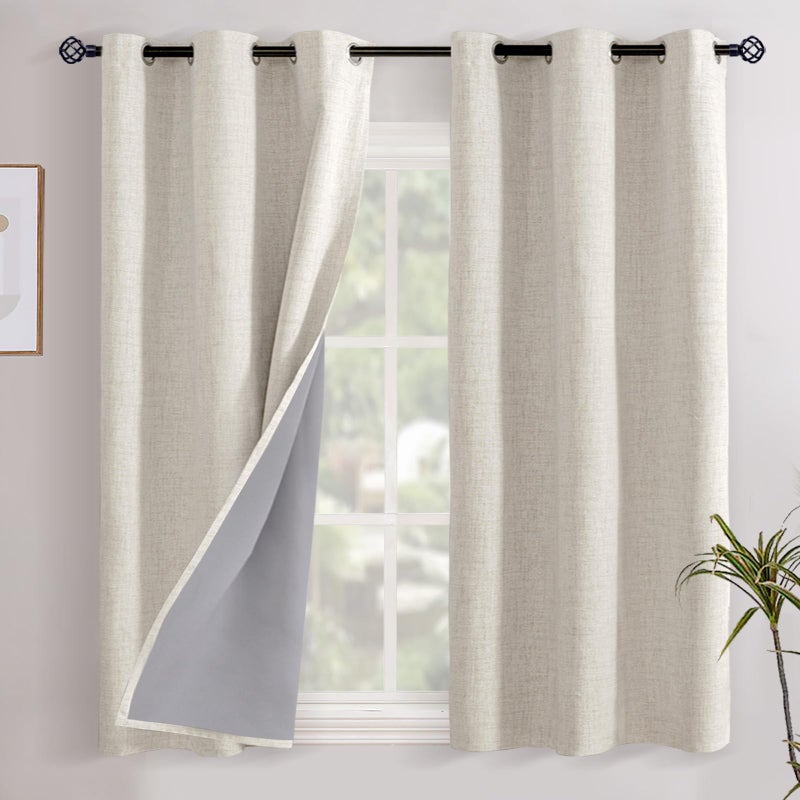 YoungsTex Natural Linen Blackout Curtains 40 Inches Long, Short Room Darkening Drapes Thermal Insulated with Grommet Privacy for Bathroom Bedroom Window, 2 Panels, 42 X 40 Inch - Image 1