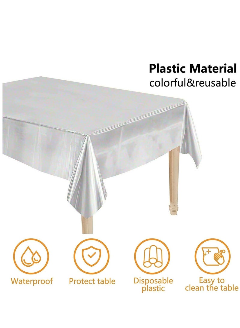 KASTWAVE 3 عبوات من مفرش طاولة بلاستيكي لامع فضي مع تموجات مصنوعة من الكنسين لتغطية الطاولات المستطيلة للاحتفالات مثل حفلات الزفاف أو أعياد الميلاد أو حفلات استقبال المواليد - Image 3