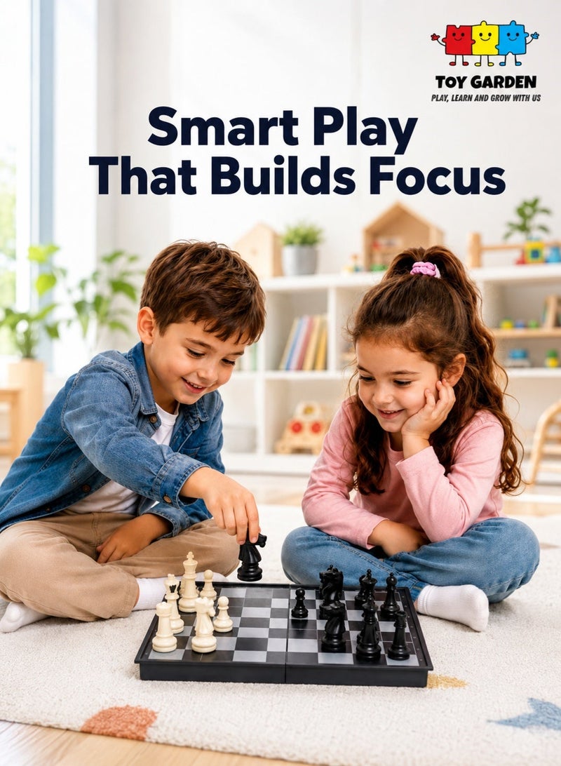 Chess Board, Folding Magnetic Chess Board Game – Black & White Travel Set with Secure Pieces for Kids & Adults, Portable Educational Toy - Image 1