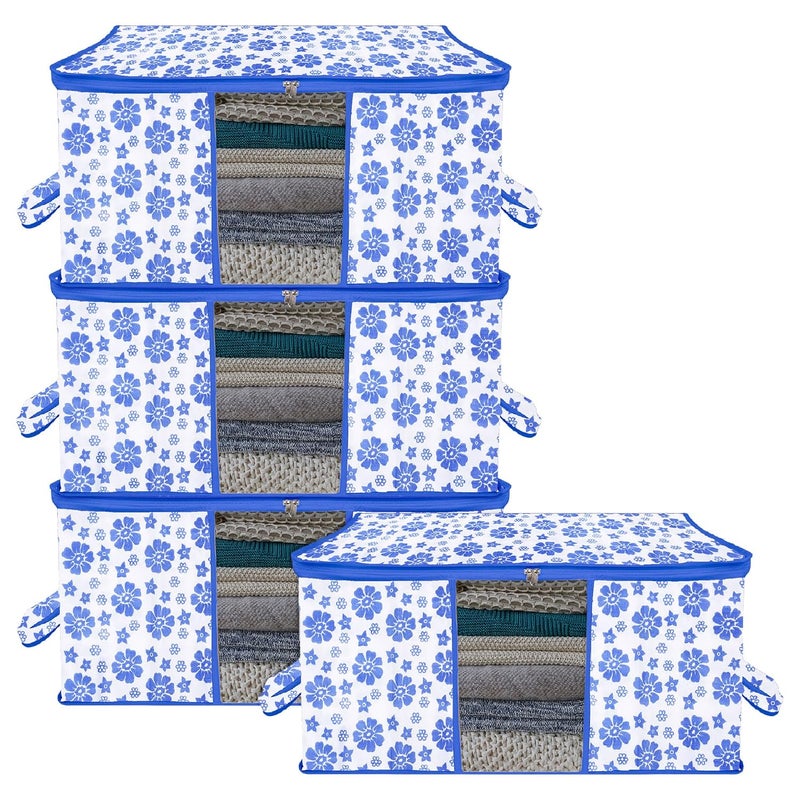Kuber Industries Underbed Storage Bag Clothes Storage Organizer Blanket Cover with Clear Window Zipper Closure Handle Cloth Organizer FlowerDesign Large Pack of 4 Blue - Image 1