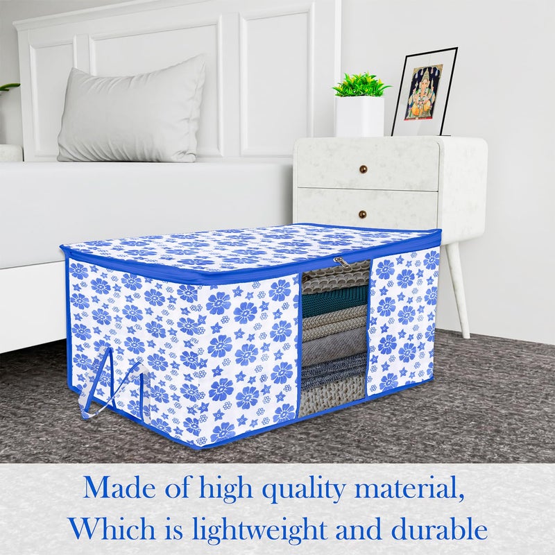 Kuber Industries Underbed Storage Bag Clothes Storage Organizer Blanket Cover with Clear Window Zipper Closure Handle Cloth Organizer FlowerDesign Large Pack of 4 Blue - Image 2