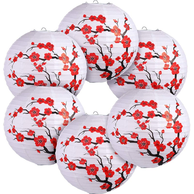 Blulu 6 Pack Chinese Japanese Paper Lantern Red Cherry Blossom Paper Lantern for Chinese Oriental Style Restaurant Home Wedding Party Decoration, 11.8 x 11 Inch - Image 1