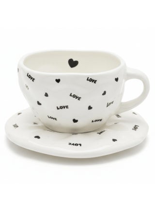 AKDC Elegant White Ceramic Cup & Saucer Set with Romantic Love Text Print, Stylish Coffee & Tea Cup 200ml
